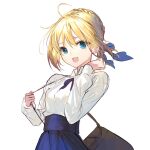  1girl ahoge artoria_pendragon_(fate) bangs blonde_hair blue_ribbon blue_skirt blush braid breasts collared_shirt dress_shirt fate/stay_night fate_(series) french_braid green_eyes hair_bun hair_ribbon highres jazztaki long_hair long_sleeves looking_at_viewer medium_breasts open_mouth ribbon saber shirt sidelocks skirt smile solo white_shirt 