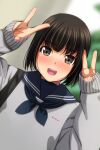  1girl :d absurdres bangs black_hair black_neckwear blue_sailor_collar blurry blurry_background blush brown_eyes depth_of_field dutch_angle eyebrows_visible_through_hair grey_sweater hands_up highres long_sleeves looking_at_viewer matsunaga_kouyou neckerchief nose_blush open_mouth original sailor_collar sleeves_past_wrists smile solo sweater teeth upper_body upper_teeth v 