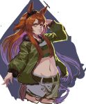  1girl animal_ears brown_eyes brown_hair cowboy_shot green_jacket grey_shorts hand_up horse_ears inishie_kumo jacket looking_at_viewer mayano_top_gun_(umamusume) midriff navel open_clothes open_jacket short_shorts shorts smile solo standing twintails two_side_up umamusume 