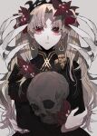  1girl black_dress blonde_hair dress earrings ebanoniwa ereshkigal_(fate) fate/grand_order fate_(series) flower hair_flower hair_ornament highres holding holding_skull jewelry long_hair long_sleeves looking_at_viewer parted_lips red_eyes sanpaku simple_background skull solo two_side_up upper_body white_background 