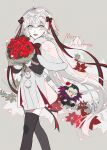  1boy 1girl :d ahoge black_legwear bouquet character_doll ebanoniwa fate/grand_order fate_(series) flower gilles_de_rais_(caster)_(fate) grey_background grey_eyes grey_hair headpiece highres holding holding_bouquet jeanne_d&#039;arc_(fate) jeanne_d&#039;arc_alter_santa_lily_(fate) looking_at_viewer merry_christmas open_mouth red_flower simple_background smile standing thigh-highs 