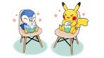  &gt;_&lt; blush chair closed_eyes commentary_request eating no_humans official_art open_mouth pikachu piplup pokemon pokemon_(creature) project_pochama sitting smile tongue white_background 