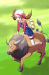  1girl :d blue_overalls bow brown_eyes brown_hair cabbie_hat commentary_request eyelashes floating_hair grass hat hat_bow highres long_hair lyra_(pokemon) nurutema open_mouth pokegear pokemon pokemon_(creature) pokemon_(game) pokemon_hgss red_footwear red_shirt riding riding_pokemon shirt shoes smile tauros thigh-highs tongue twintails white_headwear white_legwear yellow_bag 