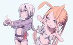  2girls abigail_williams_(fate) abigail_williams_(swimsuit_foreigner)_(fate) absurdres animal_ears bangs bare_shoulders bikini black_bikini blonde_hair blue_eyes blush braid breasts daisi_gi fate/grand_order fate_(series) forehead hair_rings heart heart_hands highres horns jacket lavinia_whateley_(fate) long_hair long_sleeves looking_at_viewer miniskirt multiple_girls navel open_mouth parted_bangs rabbit_ears see-through see-through_jacket sheer_clothes side_ponytail sidelocks single_horn skirt small_breasts smile stuffed_animal stuffed_toy swimsuit teddy_bear thighs twin_braids twintails very_long_hair violet_eyes white_bikini white_hair 