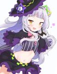  1girl :d arm_up bangs commentary_request eyebrows_visible_through_hair fang gloves grey_hair hair_ornament hand_up hat highres hololive long_hair long_sleeves looking_at_viewer murasaki_shion open_mouth simple_background skirt smile solo white_background witch_hat wqooon yellow_eyes 
