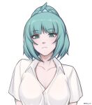  1girl absurdres artist_name closed_mouth collared_shirt copyright_request freckles green_hair highres looking_at_viewer medium_hair shellvi shirt short_sleeves simple_background solo upper_body wet white_background white_shirt wing_collar 