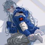  1girl ayanami_rei blue_hair blue_jacket casual eyebrows_visible_through_hair hair_between_eyes highres jacket kanose long_hair nail_polish neon_genesis_evangelion off_shoulder red_eyes shoes sitting skirt sneakers solo white_background 
