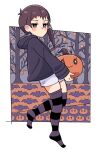  1girl asymmetrical_hair bat brown_eyes brown_hair hair_ornament hairclip iwakura_lain jack-o&#039;-lantern looking_at_viewer serial_experiments_lain short_hair solo striped striped_legwear thigh-highs x_hair_ornament 