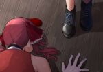  2girls absurdres black_footwear bow facing_away fold-over_boots gloves hair_bow highres hololive houshou_marine lying mikan_(chipstar182) multiple_girls on_stomach red_bow red_vest redhead solo_focus translation_request twintails uruha_rushia vest white_gloves wooden_floor 