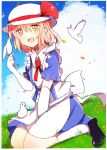  1girl apron back_bow bird bird_on_hand black_footwear blonde_hair blue_dress blush bow clouds cloudy_sky dress elbow_gloves gloves grass happy hat hat_bow kana_anaberal open_mouth outdoors puffy_short_sleeves puffy_sleeves red_bow short_hair short_sleeves sky touhou touhou_(pc-98) waist_apron white_apron white_bird white_bow white_headwear white_legwear yellow_eyes zeroko-san_(nuclear_f) 