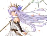  1girl arm_warmers bare_shoulders blue_eyes breasts character_request dress granblue_fantasy headpiece holding holding_staff kakikuyeko3181 long_hair looking_at_viewer pointy_ears silver_hair small_breasts smile staff white_background 
