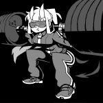 1girl alternate_costume bangs black_background breasts commentary demon_girl demon_horns full_body greyscale helltaker horns jacket large_breasts long_hair loremaster_(helltaker) monochrome pants ponytail pout shirt shoes simple_background solo sweat tail vanripper weightlifting
