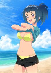  1girl :d beach bikini black_shorts blue_hair blue_shirt blue_sky blush breasts clouds day hair_ornament hairclip looking_at_viewer medium_breasts navel open_mouth outdoors picolette_xiii shiroi_suna_no_aquatope shirt shorts sky smile solo swimsuit teruya_tsukimi undressing violet_eyes yellow_bikini 