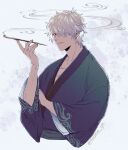  1boy bandage_over_one_eye cosplay costume_switch gintama hand_up japanese_clothes kimono kiseru one_eye_covered parted_lips pipe red_eyes sakata_gintoki smile smoke solo takasugi_shinsuke takezaki_(artist) white_hair 