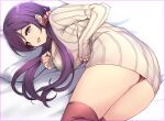  1girl bed_sheet breasts duke_(inu_daimyou) eyebrows_visible_through_hair green_eyes hair_ornament hair_scrunchie large_breasts long_hair long_sleeves looking_at_viewer love_live! love_live!_school_idol_project low_twintails lying on_side open_mouth panties pillow pink_scrunchie purple_hair red_legwear red_panties scrunchie solo sweater thigh-highs thighs toujou_nozomi twintails underwear white_sweater 