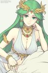  1girl bare_shoulders bed breasts dress gofelem green_eyes green_hair jewelry kid_icarus large_breasts long_hair looking_at_viewer navel necklace palutena smile solo super_smash_bros. tiara underwear very_long_hair 