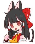  1girl animal_ears ascot black_hair bow cat_ears cat_tail collar detached_sleeves hair_bow hair_tubes hakurei_reimu highres long_hair nontraditional_miko op_na_yarou paw_pose red_bow red_eyes red_shirt ribbon_trim shirt sidelocks simple_background sleeveless solo tail touhou upper_body white_background white_collar yellow_neckwear 