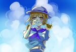  1girl artist_request blonde_hair clouds cloudy_sky highres louise_(touhou) midriff outdoors purple_neckwear purple_sailor_collar sailor_collar shirt short_sleeves skirt sky touhou touhou_(pc-98) upper_body white_shirt white_skirt yellow_eyes 