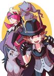  2boys :d absurdres animal_hands banette bangs black_gloves black_headwear blonde_hair buttons cape closed_mouth commentary_request eyelashes gloves grey_shirt hand_on_hip hands_up hat headband highres hilbert_(pokemon) jewelry long_sleeves male_focus meiji_(meijihoney) mightyena morty_(pokemon) multiple_boys necklace official_alternate_costume open_mouth pants paw_gloves pokemon pokemon_(creature) pokemon_(game) pokemon_masters_ex shirt short_hair short_sleeves smile teeth tongue upper_teeth vest white_neckwear 