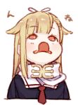  1girl black_ribbon blonde_hair commentary_request hair_flaps hair_ornament hair_ribbon hairclip kantai_collection licking long_hair looking_up neckerchief red_eyes red_neckwear remodel_(kantai_collection) ribbon scarf simple_background solo tongue tongue_out upper_body uyama_hajime white_scarf yuudachi_(kancolle) 