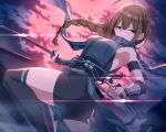  1girl ahoge amochin armpits bare_shoulders braid brown_eyes brown_hair commentary_request dutch_angle full_moon idolmaster idolmaster_shiny_colors katana kunai kuwayama_chiyuki long_braid looking_at_viewer moon night ninja obi reverse_grip sash scarf short_sword shorts single_braid solo sword thigh-highs vambraces weapon 