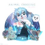  &gt;_&lt; 1girl 2boys animal_crossing animal_hands blue_eyes blue_hair cheering crossover dog fangs furry gloves glowstick hand_fan headband heart heart_in_mouth holding holding_microphone isabelle_(animal_crossing) k.k._slider_(animal_crossing) microphone microphone_stand multiple_boys music open_mouth paper_fan parody paw_gloves ryota_(ry_o_ta) singing tanuki tearing_up tom_nook_(animal_crossing) uchiwa vest vintage_microphone white_gloves 