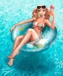  1girl afloat aqua_eyes barefoot bikini blonde_hair breasts cocktail cocktail_glass commentary cup drinking_glass eyewear_on_head feet full_body holding holding_cup innertube legs long_hair looking_at_viewer medium_breasts nextoad parted_lips persona persona_5 sunglasses swimming swimsuit takamaki_anne toes twintails water watermark 