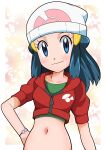  1girl beanie blue_eyes blue_hair blush bracelet closed_mouth commentary_request hikari_(pokemon) green_shirt hainchu hair_ornament hairclip hand_on_hip hat highres hood hoodie jewelry long_hair looking_at_viewer navel pokemon pokemon_(anime) pokemon_dppt_(anime) red_hoodie shirt sidelocks smile white_headwear zipper_pull_tab 