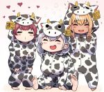  3girls :d =_= animal_costume animal_print barefoot blonde_hair breasts closed_eyes cow_costume cow_print double_v ear_tag facing_viewer highres hololive houshou_marine large_breasts leaning_forward long_sleeves mikan_(chipstar182) multiple_girls o3o open_mouth pajamas redhead shiranui_flare shirogane_noel smile soles v 