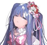  1girl bangs blue_eyes blue_hair blunt_bangs bow bowtie bright_pupils collar commentary_request disgust eyebrows_visible_through_hair flower frilled_collar frills furudo_erika hair_flower hair_ornament hair_ribbon half-closed_eyes long_hair looking_at_viewer mura_konbane parted_lips pink_bow pink_neckwear pink_ribbon puffy_short_sleeves puffy_sleeves red_flower red_rose ribbon rose short_sleeves simple_background solo umineko_no_naku_koro_ni upper_body white_background white_ribbon 