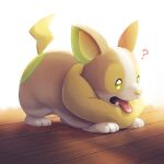  ? commentary_request fangs full_body green_eyes looking_down momoji_(lobolobo2010) no_humans open_mouth pokemon pokemon_(creature) solo toes tongue tongue_out twitter_username wooden_floor yamper 