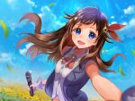  1girl akooyama blue_eyes blue_sky brown_hair flower hair_blowing hair_ornament highres hololive long_hair looking_at_viewer microphone open_mouth outdoors sky smile solo star_(symbol) star_hair_ornament sunflower tokino_sora upper_body vest web_address 