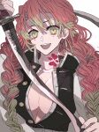  1girl :d belt black_jacket breasts ebanoniwa fingernails gradient_hair green_eyes green_hair heart heart_in_eye highres holding holding_sword holding_weapon jacket kanroji_mitsuri katana kimetsu_no_yaiba large_breasts looking_at_viewer mole mole_under_eye multicolored_hair open_mouth pink_hair simple_background smile solo sword symbol_in_eye teeth upper_body upper_teeth weapon white_background white_belt 