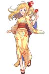  1girl alternate_costume blonde_hair blue_eyes blush candy_apple clenched_hands floral_print food full_body granblue_fantasy hair_ribbon holding holding_food japanese_clothes kimono kingyo_114 long_hair long_sleeves looking_at_viewer mirin_(granblue_fantasy) obi one_side_up open_mouth red_ribbon ribbon sandals sash simple_background solo symbol-only_commentary walking white_background wide_sleeves yellow_kimono yukata 