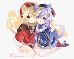  2girls absurdres animal_ear_fluff animal_ears backpack bag bead_necklace beads bell blonde_hair blue_dress cat_ears cat_girl cat_tail charm_(object) clover_print coat coin_hair_ornament dress ebichiri_sunday fang genshin_impact hat highres jewelry jiangshi jingle_bell klee_(genshin_impact) kneeling long_sleeves mandarin_collar multiple_girls necklace ofuda one_eye_closed open_mouth paw_pose paw_print paw_print_background pointy_ears pom_pom_(clothes) puffy_long_sleeves puffy_sleeves purple_hair qiqi_(genshin_impact) randoseru red_coat red_dress red_eyes short_hair smile socks tail thigh-highs v_arms violet_eyes white_background white_legwear 