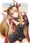  1girl akatsuki_hijiri animal_ears bangs black_dress blonde_hair breasts cape dress earrings ereshkigal_(fate) fate/grand_order fate_(series) fox_ears fox_tail gold_trim hair_ribbon highres hood hooded_cape hoop_earrings jewelry long_hair looking_at_viewer medium_breasts one_eye_closed parted_bangs red_eyes ribbon single_sleeve spine tail thighs tiara two_side_up 