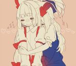  2girls =_= bad_id bad_tumblr_id bangs blue_headwear blunt_bangs blush bow collared_shirt commentary_request couple embarrassed en_or eyebrows_visible_through_hair eyes_visible_through_hair facing_viewer flying_sweatdrops fujiwara_no_mokou furrowed_brow hair_bow half_updo hat heart hug hug_from_behind kamishirasawa_keine long_hair long_sleeves motion_lines multiple_girls no_nose nose_blush pink_background puffy_long_sleeves puffy_short_sleeves puffy_sleeves shirt short_sleeves sidelocks simple_background sleeve_garter spot_color suspenders sweat tokin_hat touhou upper_body very_long_hair wing_collar yuri 