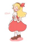  1girl apron back_bow blonde_hair blush bow brown_footwear closed_eyes dress ellen_(touhou) full_body hair_bow happy long_hair puffy_short_sleeves puffy_sleeves red_bow rome35793562 short_sleeves standing touhou waist_apron white_apron white_bow 