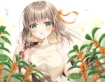  1girl :d bare_arms bare_shoulders blurry blurry_foreground blush bow breasts brown_hair brown_sweater commentary_request depth_of_field flower green_eyes hair_bow hands_up highres holding kohinata_hoshimi long_hair looking_at_viewer medium_breasts open_mouth orange_bow orange_flower original osmanthus plaid shawl sleeveless sleeveless_sweater smile solo sweater upper_body 
