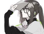  1girl character_request earrings ebanoniwa fate/grand_order fate_(series) from_side glasses grey_eyes jewelry long_sleeves looking_at_viewer looking_to_the_side muted_color parted_lips simple_background solo twintails white_background 