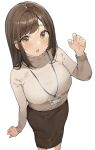  1girl breasts brown_eyes brown_hair eyebrows_visible_through_hair from_above highres lanyard large_breasts office_lady ol_mahonanoka open_mouth original pen pencil_skirt skirt solo standing sweater white_background 