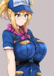  1girl absurdres ahoge artoria_pendragon_(fate) baseball_cap blonde_hair blue_eyes blue_headwear blush breasts fate/grand_order fate_(series) hair_between_eyes hair_through_headwear hat heroic_spirit_festival_outfit highres large_breasts long_hair mysterious_heroine_xx_(fate) ponytail poshi_(ginmokusei) sidelocks solo 