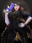  1girl bayonetta_(series) bayonetta_3 black_hair braid breasts earrings eyeshadow glasses gun hand_on_hip highres jewelry kyou_(ningiou) large_breasts lipstick long_hair looking_at_viewer makeup mole mole_under_mouth multicolored_hair redhead ribbon smile solo streaked_hair twin_braids weapon 