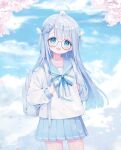  1girl :d ahoge amatsuka_uto backpack bag bangs black-framed_eyewear blue_eyes blue_sailor_collar blue_skirt blue_sky blush bow clouds cloudy_sky day deyui eyebrows_visible_through_hair glasses hair_ornament hairclip highres holding_strap indie_virtual_youtuber long_hair long_sleeves looking_at_viewer open_mouth outdoors petals pleated_skirt puffy_long_sleeves puffy_sleeves round_eyewear sailor_collar school_uniform serafuku shirt silver_hair skirt sky sleeves_past_wrists smile solo striped striped_bow teeth two_side_up upper_teeth very_long_hair virtual_youtuber white_shirt wing_hair_ornament 