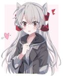  1girl absurdres alternate_costume amatsukaze_(kancolle) arrow_(symbol) black_hoodie blush commentary_request eyebrows_visible_through_hair fathom grey_hair hair_ornament heart highres hood hoodie kantai_collection long_hair long_sleeves open_mouth red_eyes shirt solo two_side_up upper_body white_shirt 