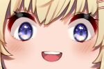  1girl :d blonde_hair blush close-up hair_ornament hairclip hololive looking_at_viewer mikan_(chipstar182) open_mouth smile solo teeth tsunomaki_watame upper_teeth violet_eyes wide-eyed 