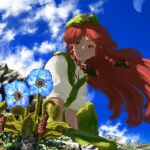  1girl bangs beret black_bow black_ribbon blue_flower blue_sky bow braid closed_mouth clouds commentary_request day floating_hair flower flower_request green_pants green_vest hair_bow hair_ribbon hat hat_ornament highres hong_meiling kajatony leaning_forward light_blush light_smile long_hair looking_to_the_side meandros orange_eyes outdoors pants parted_bangs puffy_short_sleeves puffy_sleeves redhead ribbon rock shadow shirt short_sleeves side_braid sitting sky solo star_(symbol) touhou twin_braids vest white_shirt 