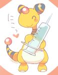  ampharos blush_stickers closed_eyes closed_mouth commentary_request heart holding holding_syringe no_humans pokemon pokemon_(creature) signature smile solo standing syringe tansho 