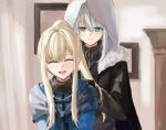  2girls bangs blonde_hair blush closed_eyes closed_mouth commentary_request fate_(series) fur_trim gray_(fate) hair_between_eyes highres hood hood_up long_hair long_sleeves lord_el-melloi_ii_case_files multiple_girls open_mouth reines_el-melloi_archisorte rorikon_shinshi smile upper_body 