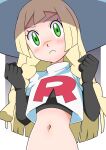  1girl blonde_hair blush braid clenched_hands closed_mouth commentary_request cosplay elbow_gloves eyelashes frown gloves green_eyes hainchu hands_up hat highres jacket jessie_(pokemon) jessie_(pokemon)_(cosplay) lillie_(pokemon) logo long_hair midriff navel pokemon pokemon_(anime) pokemon_sm_(anime) solo sun_hat sweatdrop team_rocket team_rocket_uniform twin_braids undershirt white_jacket 